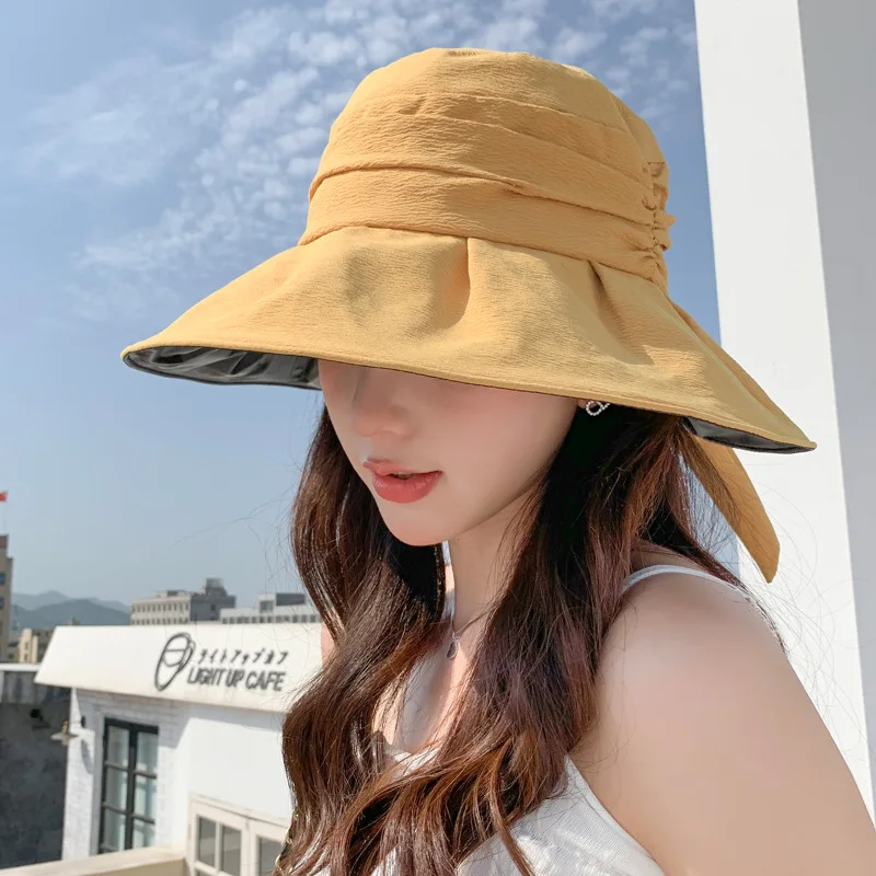 

Шляпа Женская Плиссированная, виниловая Солнцезащитная шляпа от солнца с бантом и широкими полями, универсальная, в Корейском стиле, на лето