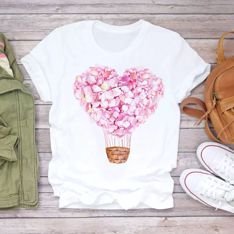 

New Fashion Women T Shirt Heart Flower Balloon Printed T Shirt Harajuku Ladies Female Short Sleeve O-neck Graphic Cute Tee Tops
