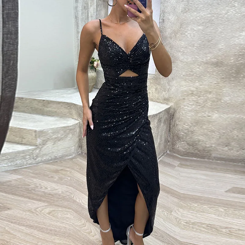 

Новое модное блестящее Клубное платье, сексуальное женское облегающее длинное платье с V-образным вырезом, элегантное ДРАПИРОВАННОЕ асимметричное платье без рукавов, платья