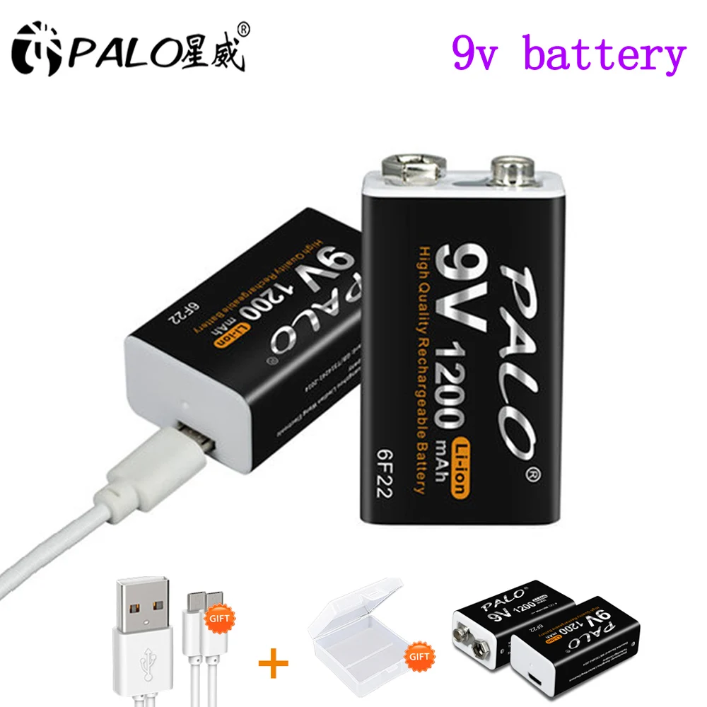 PALO 1200mAh 9V Rechargeable Battery 6F22 9V USB Charging Lithium Li-ion Batteries For Metal Detector Model Microphone Toy