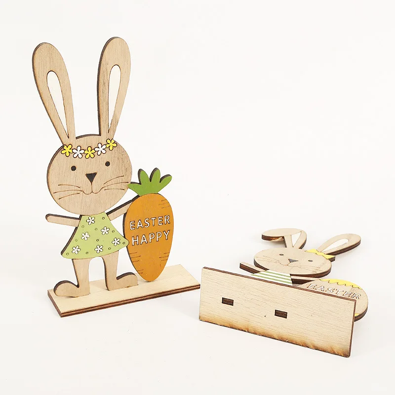 

2pcs/set Happy Easter Decoration Wooden Bunny Desktop Ornament Cute Rabbit Carrot Easter Egg Kids Easter Gift Easter supplies