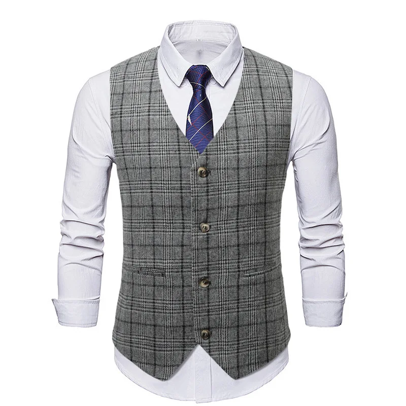 

Mens Single Breasted V Neck Formal Suit Vest Stylish Plaid Herringbone Tweed Waistcoat Casual Business Tuxedo Vests Gilet Homme