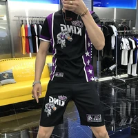 new mens summer ice silk suit fashion fashion handsome hot drill short sleeve shorts printed two piece set