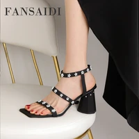 fansaidi summer genuine leather block heels women sandals white yellow thick heels square toe narrow band ladies shoes 40 41 42