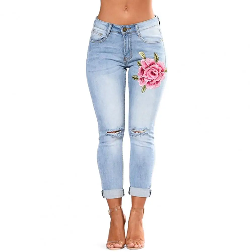 

Stretchy Cool Tassel Mid-Waist Women Jeans Tight Pencil Jeans Embroidered Flower Pattern for Dating