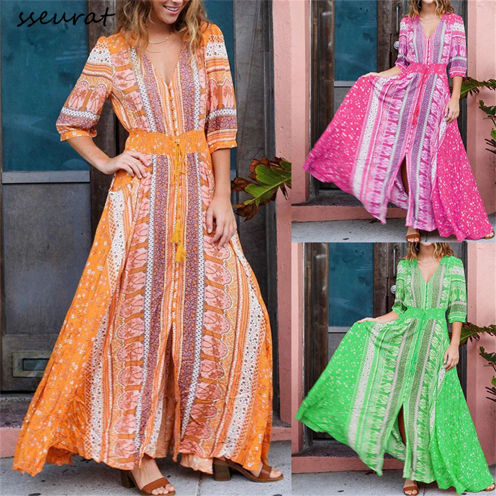 

SSEURAT Vintage Chic Women Floral Print V-neck Beach Bohemian Dresses Ladies Summer Boho Maxi Dress Robe