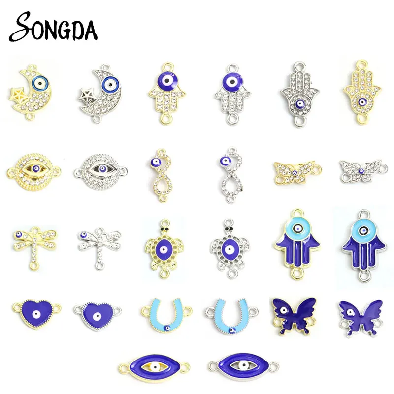 

10pcs Mixed Style Crystal Rhinestone Evil Eye Charm Connectors Enamel Fatima Hamsa Hand Lucky Eyes Charms DIY Making Bracelets