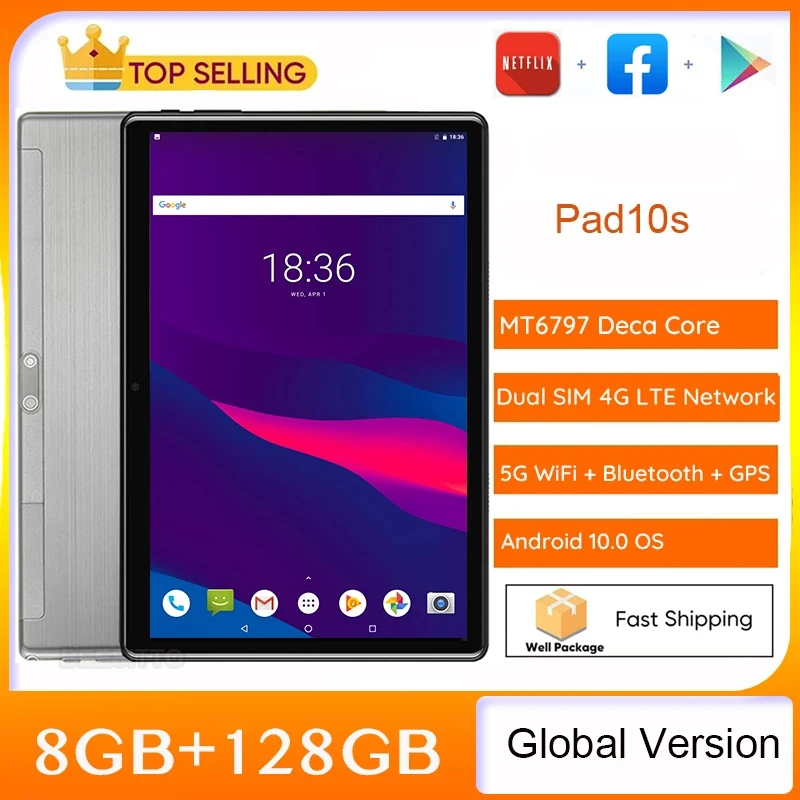 

Планшет Pad10s, 10 дюймов, 10 ядер, 4G, GPS, Wi-Fi, FM, Bluetooth, 8 + 128 ГБ, Android 10,0