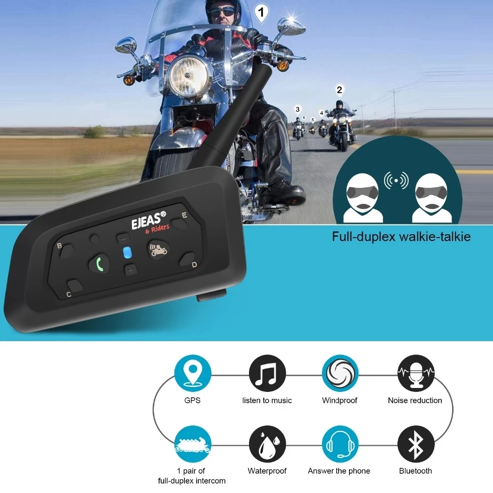 EJEAS V6 Pro Motorcycle Intercom for 6 Riders 1200M Muti BT Bluetooth Helmet Wireless Intercomunicador Moto Interpones Headset images - 6