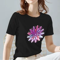 street t shirt black womens short sleeve casual all match slim top trend 3d pattern top ladies round neck commuter clothing