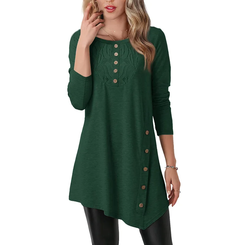 

Ladies Pullover Button Lace Stitching Mid-Length Top Irregular Long Sleeve T-shirt Fashion Button O Neck Solid Color