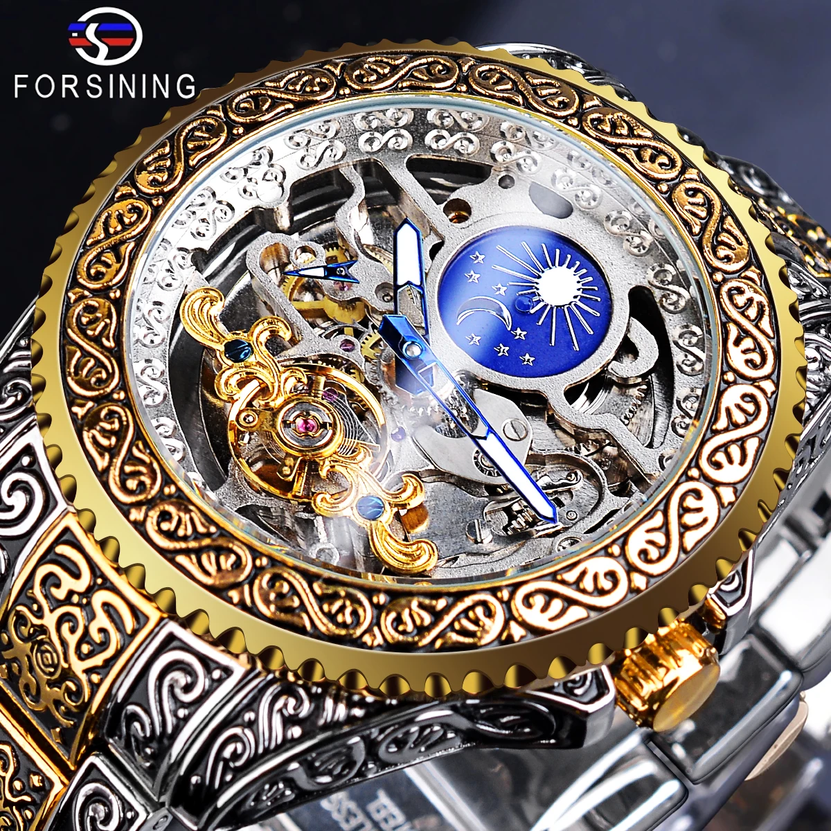 

Forsining Men Luxury Skeleton Watch Mechanical Tourbillon Gold Dial Moon Phase Automatic Wristwatch Stainless Steel Reloj Hombre