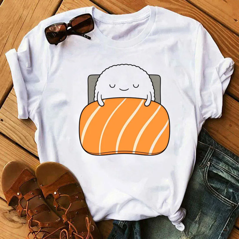 Women's T-Shirt Cute Casual Cartoon Print Korean Fashion Round Collar Short Sleeve Simple Tshirt Girl Female Tops Sushi Pattern