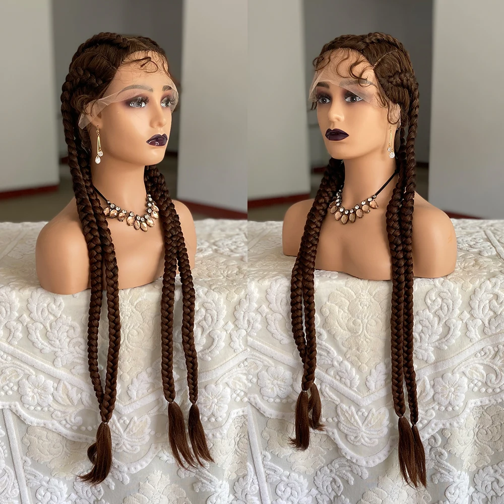 Mix Brown Colored Synthetic Lace Frontal Braided Wigs 32 Inches Long Afro Braids Wigs for Black Women High Quality Cheap Sale