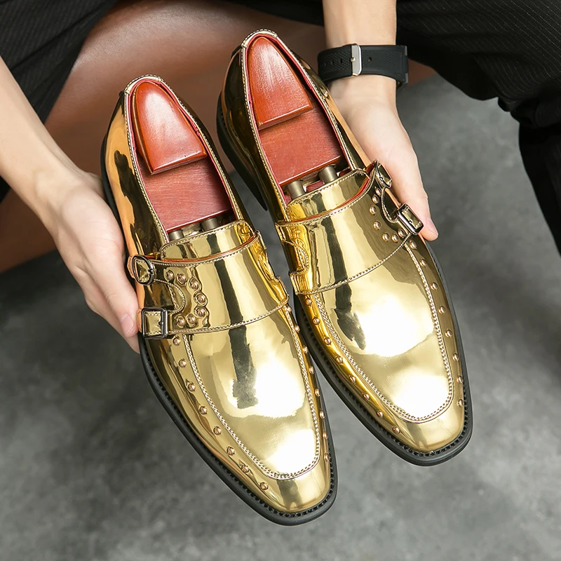 

big size men fashion party nightclub dress patent leather shoes slip-on monk shoe square toe rivets loafers breathable footwear