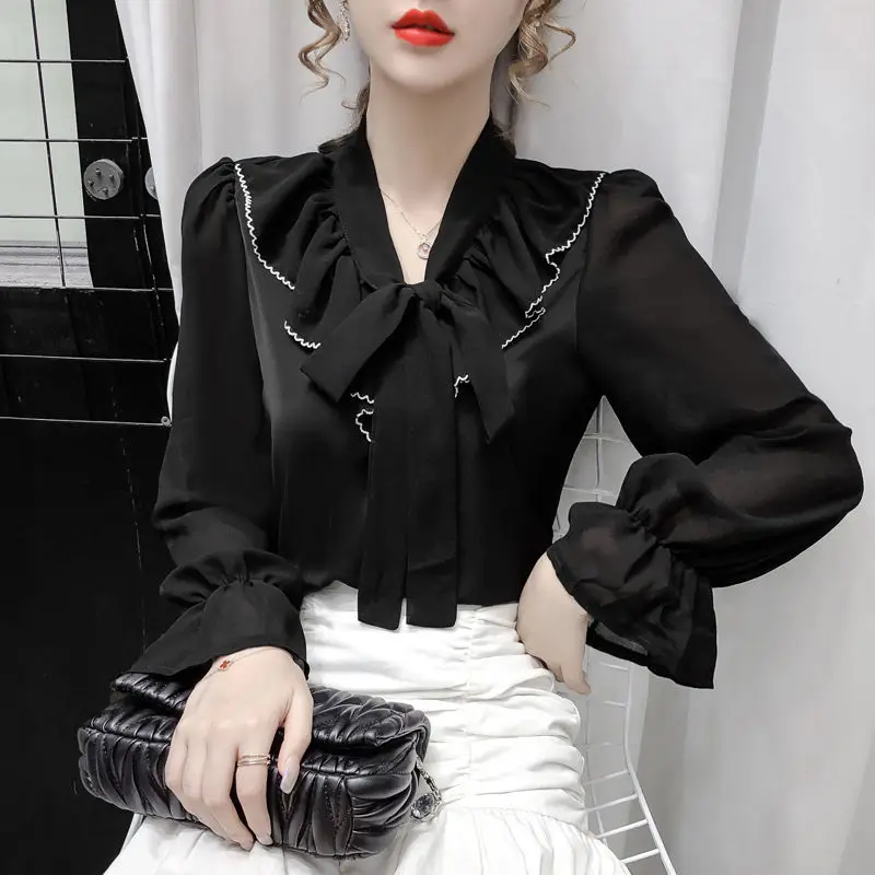 

Female Butterfly V-neck Long-sleeved Tops Spring Autumn Women Chiffon Bow Shirt & Blouses