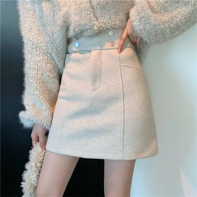 

2022 Autumn Winter New Women High Waist Skirt Fashion Design Thick Woolen Sexy Bag Hip Skirt Slim Straight Solid Color Miniskirt