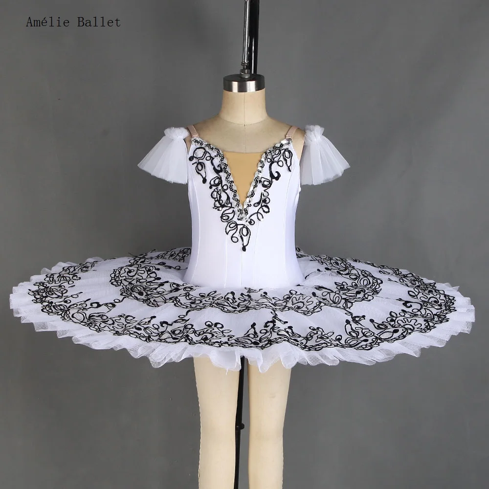 

BLL427 White Spandex Bodice with Black Applique Decoration Pre-Professional Ballet Tutu Adult Girls Ballerina Dance Dresses