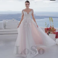 elegant wedding dress exquisite appliques o neck long sleeve buttons tulle glitter sweetheart gown robe de mariee for women
