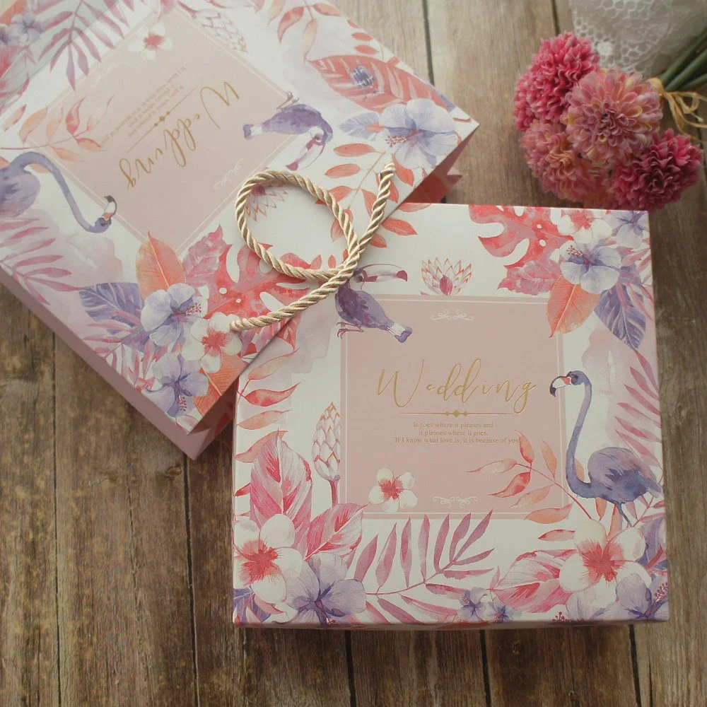 

18.5*18.5*6.5cm 3set Gold wedding Flamingo Design Paper Box + Bag As Cookie Candy Handmade Sweet Gift Use