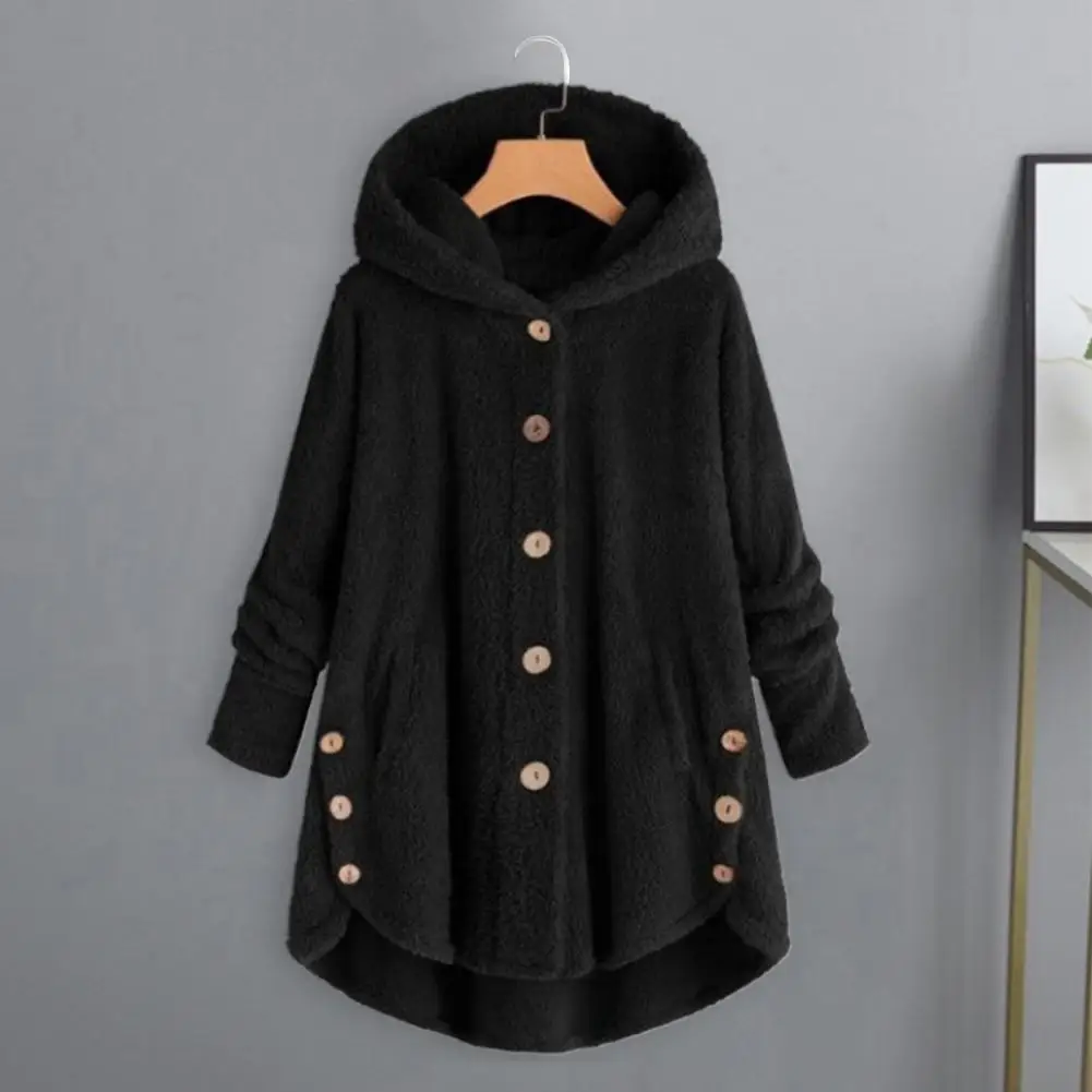 

Winter Warm Coat Stylish Women's Winter Coat Thick Double-sided Fleece Hooded Design Irregular Hem Pockets Chic Single-breasted