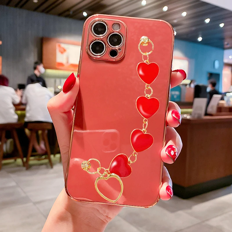 Fashion Plating Love Heart Bracelet Chain Case For Xiaomi Redmi Note 11 12 11S 10 10S 10C 10A 9S 9T 9C 12T Shockproof Case Cover