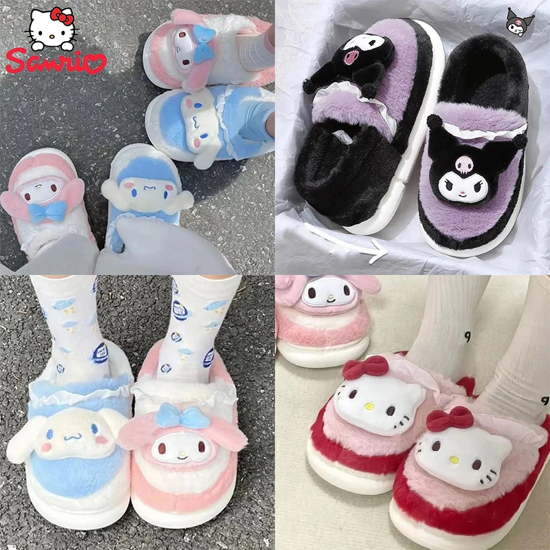 

Sanrio Slippers Hello Kitty Cotton Shoes Anime Figure Kuromi My Melody Fluffy Thick Bottom Girl At Home Cute Winter Keep Warm