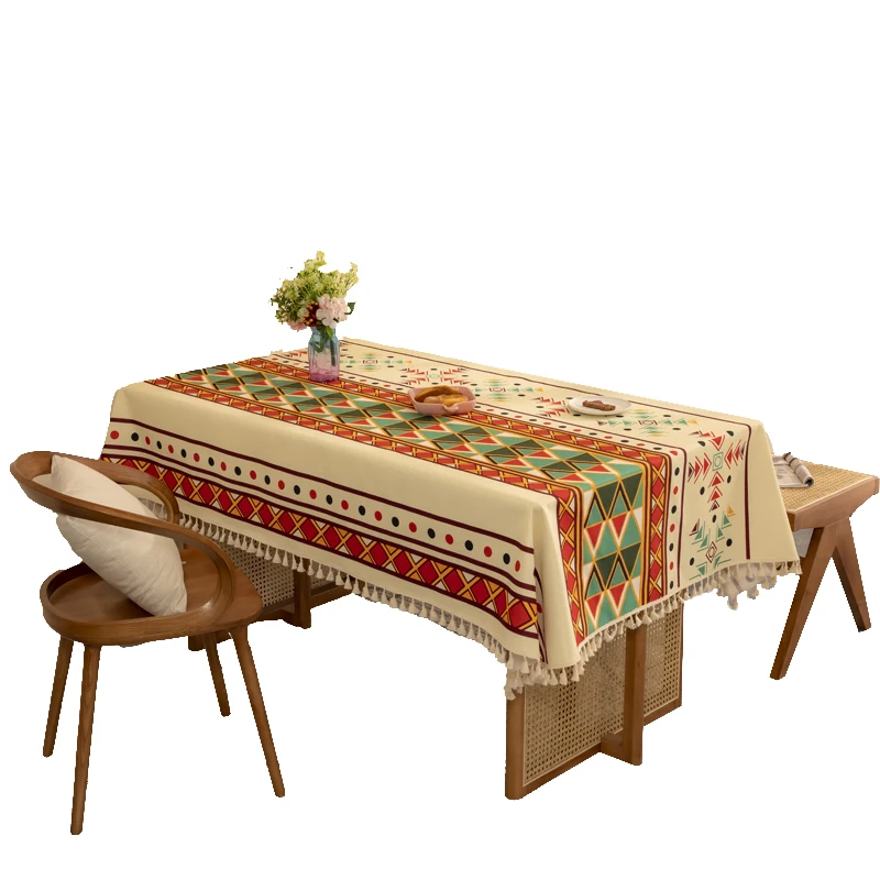 

Cotton linen tablecloth waterproof Bohemian style household rectangular tassel tablecloth ins style tablecloth