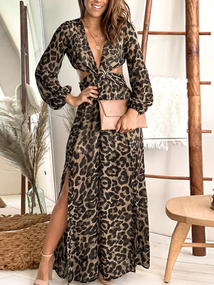 Summer Fashion Women Elegant Sexy Leopard Print Dress Long Sleeve Knot Deep V-Neck Slit Slim Sexy Dress Ladies Clothes