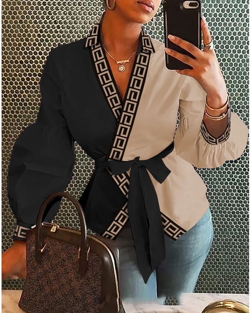 

2023 Colorblock Geo Print Lantern Sleeve Belted Wrap Top Winter Clothes Women Tops Spring Shirt