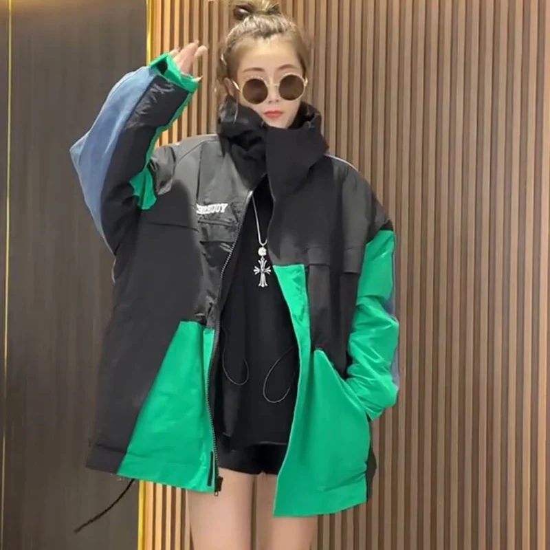 

2022 Autumn Winter New Coat Korean Loose Denim Patchwork Hoodie Color Contrast Tooling Fashionable Design Jacket Free Shipping