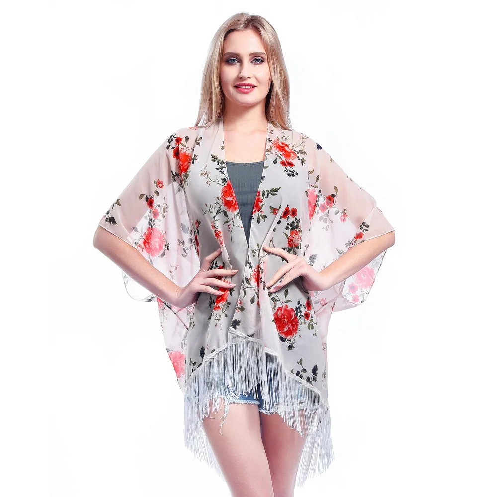 

Women's Summer Lightweight Chiffon Floral Tassels Shawl Beach Bikini Cover Up Cardigan Bathing Suit Cover Ups