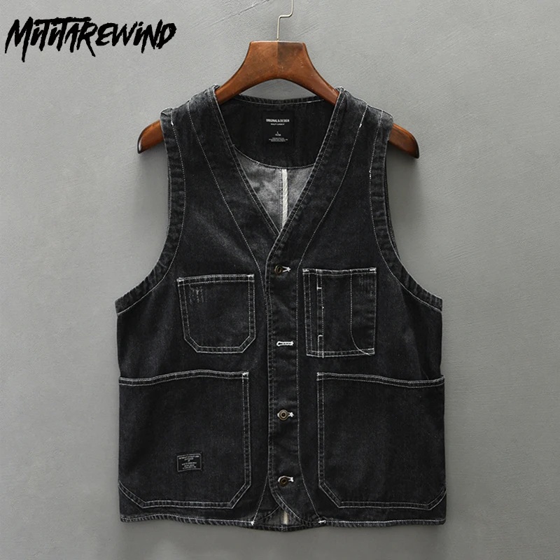 Wiosna jesień nowe kurtki dżinsowe bez rękawów mężczyzna Streetwear Vintage kamizelka robocza dekolt w serek z wieloma kieszeniami guzik męska