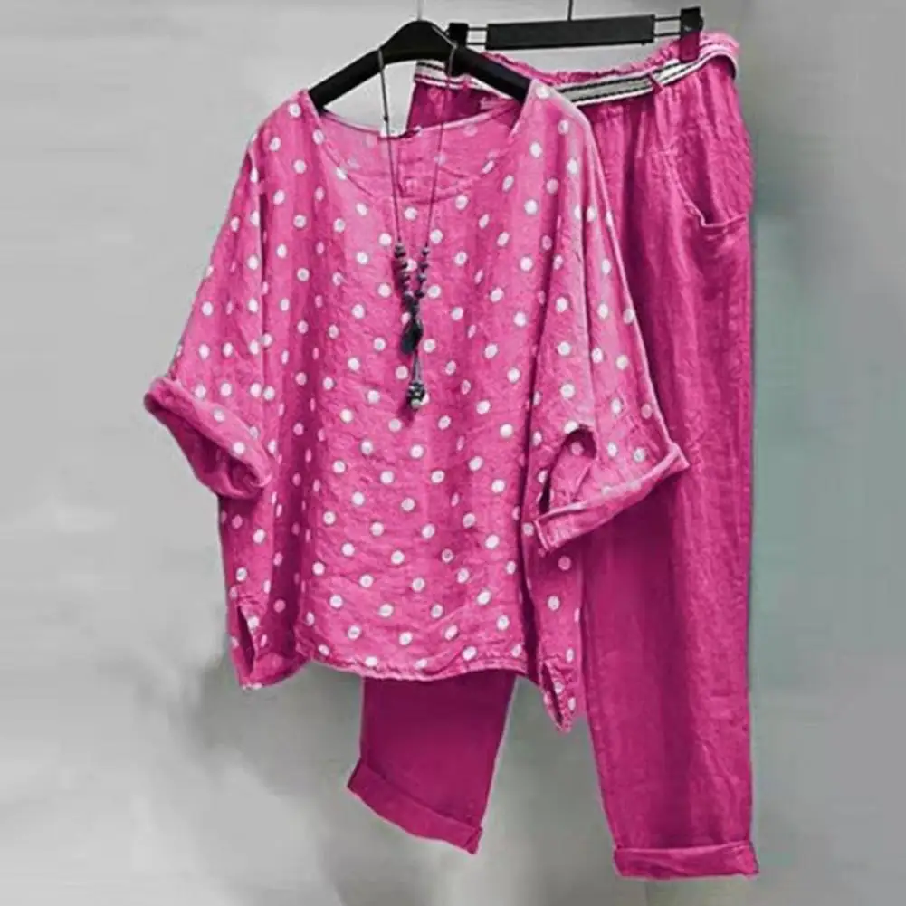 

1 Set Blouse Pants Dot Print Half Sleeve O-Neck Round Neck Super Loose Spring Summer Raglan Sleeve T-shirt Capri Trousers