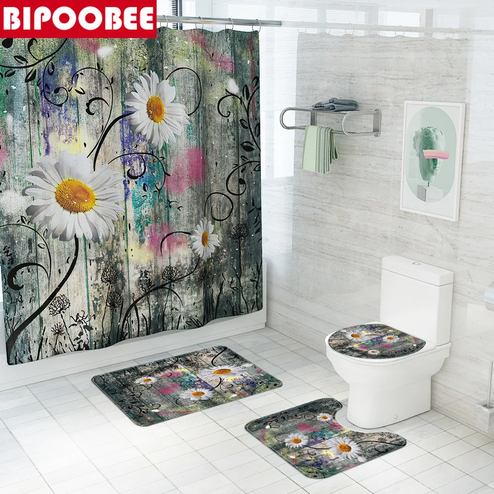 

White Flowers Wood Grain Pattern Shower Curtains Bath Mats Pedestal Rug Toilet Non-Slip Carpet Bathroom Curtain with Hooks