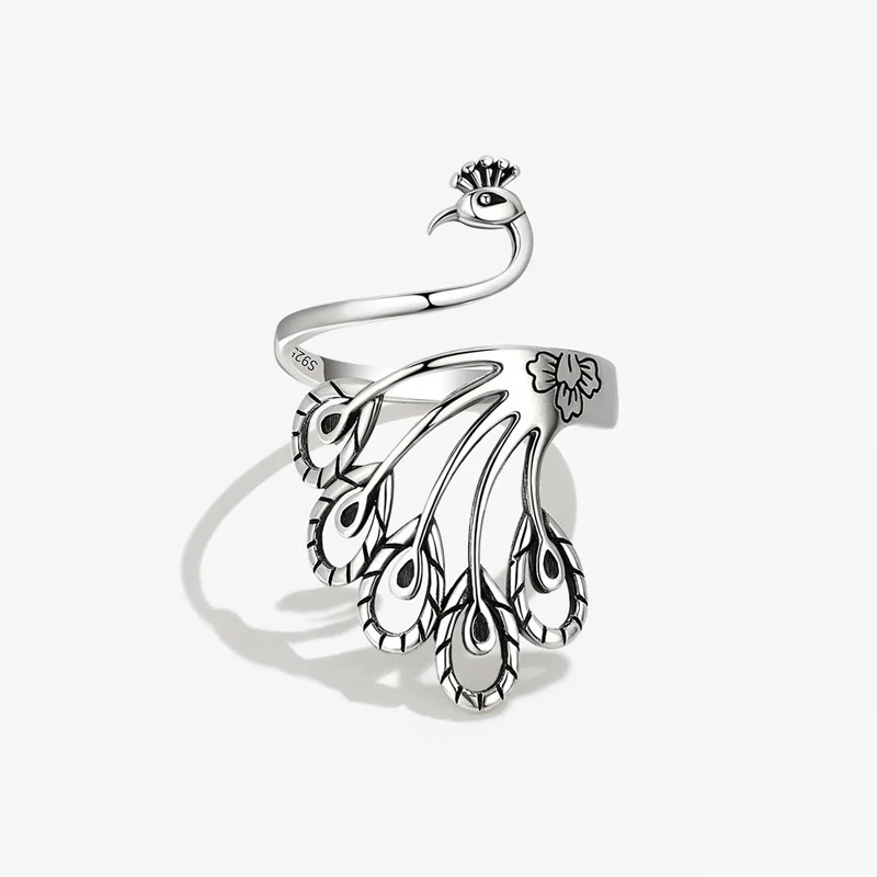 

KOFSAC Personality Hollow Peacock Ring For Women Trendy Vintage 925 Thai Silver Rings Creative Open Size Phoenix Finger Jewelry