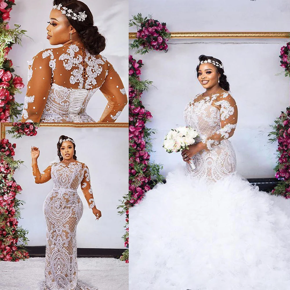 

Plus Size White Lace Mermaid Wedding Dresses with detachable train Long Sleeves Beaded Bridal Gowns Sweep Train robe de mariee