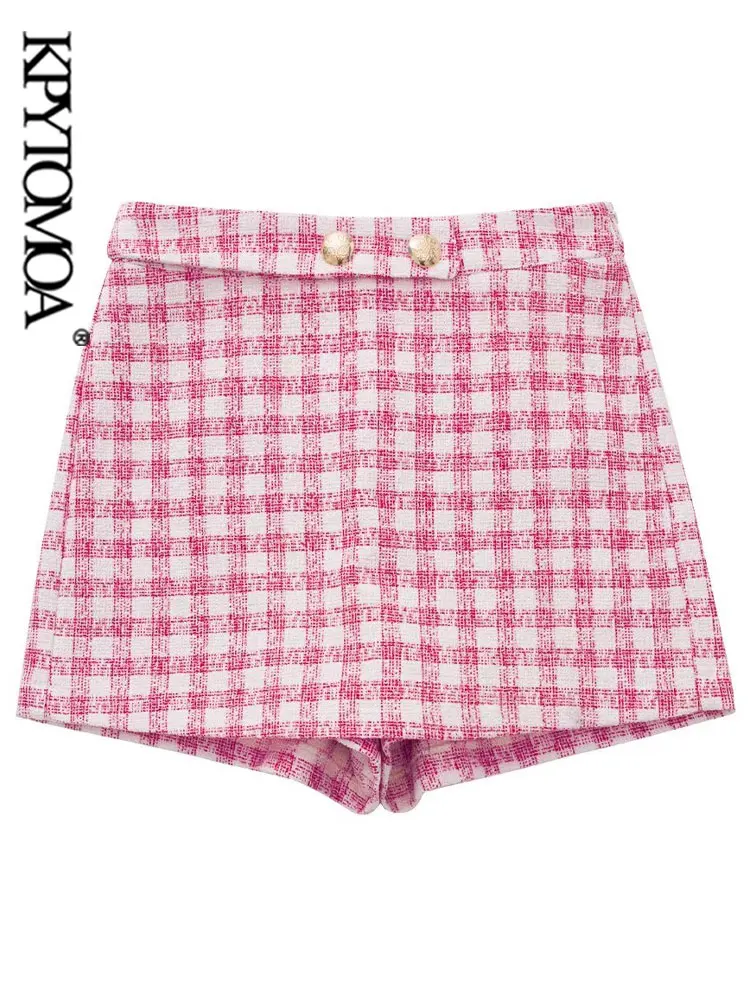 

KPYTOMOA Women Fashion Front Buttons Tweed Gingham Bermuda Shorts Vintage High Waist Side Zipper Female Short Pants Mujer