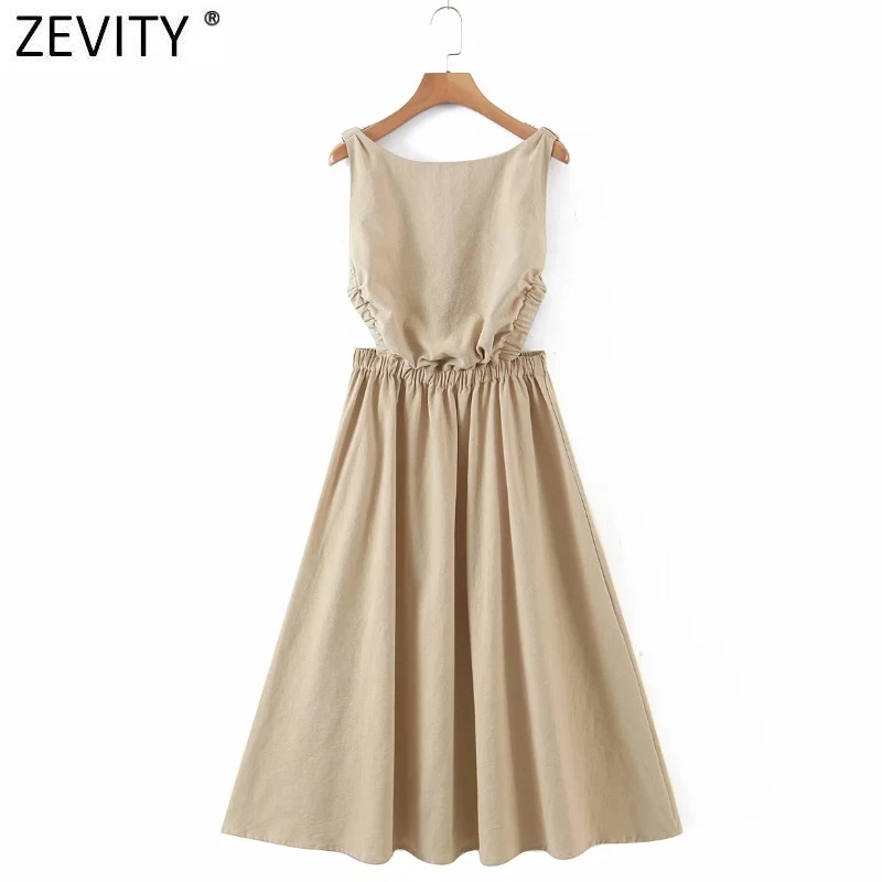 

Zevity New Women Fashion Solid Color Pleats Elastic Backless Casual Midi Dress Female Chic Spaghetti Strap Summer Vestido DS8148