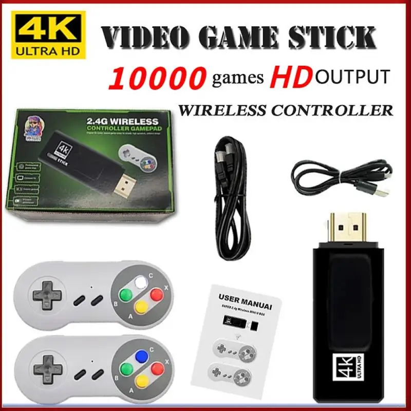 

4K Games Retro Game Console 64G Game Stick Family Game Console Wireless Controller Game U-Box For PS1/FC/SFC/GBA/MAME/GBC/GB/MD