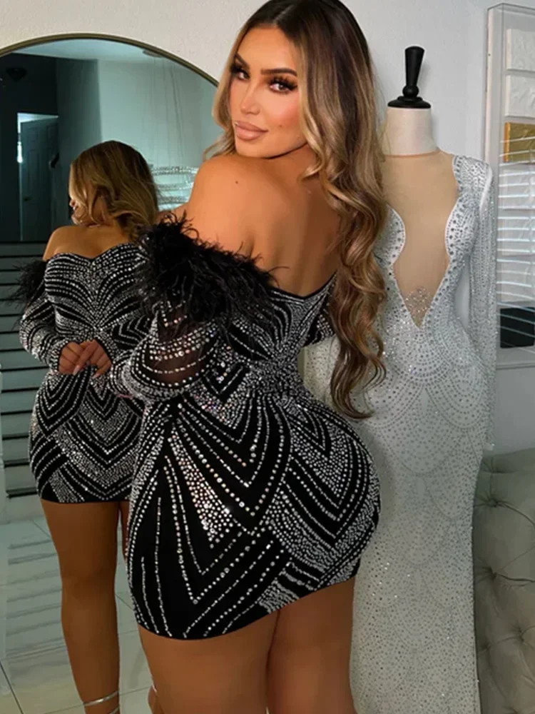 Роскошное женское вечернее платье Beyprern шикарное черное с перьями на плечах