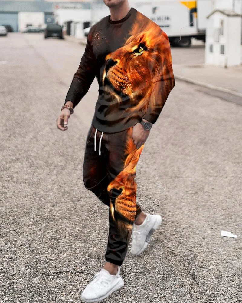 

2022 Spring Summer Hot Sale 3D Art Printed Long Sleeve T-Shirt Suit Men's O Neck Long Sleeve Casual Sports Two Piece Suit