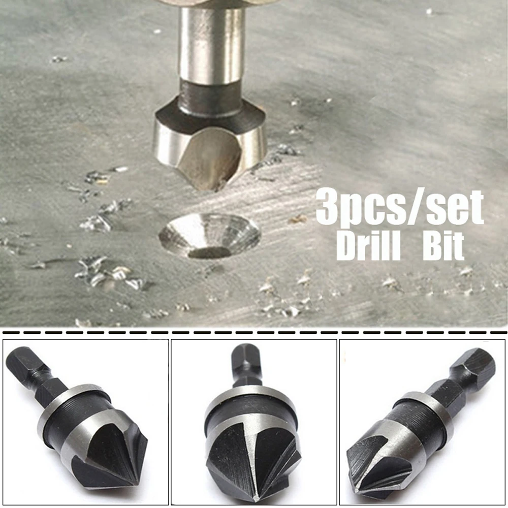 

3PCS/Set 5Flute Countersink Drill Bit HSS 82Degree Point Angle Chamfer Chamfering Cutter 1/4" Round Shank For Power Tool