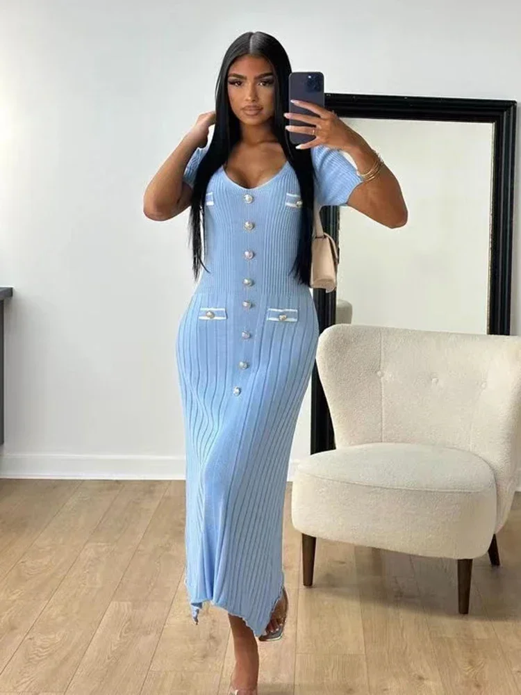 Офисное женское элегантное вязаное длинное платье летнее однобортное