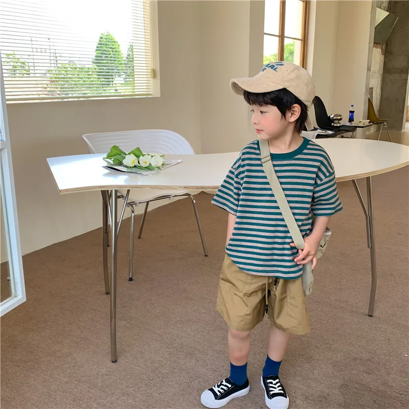 Летние фиолетовые полосатые футболки унисекс Детские хлопковые свободные