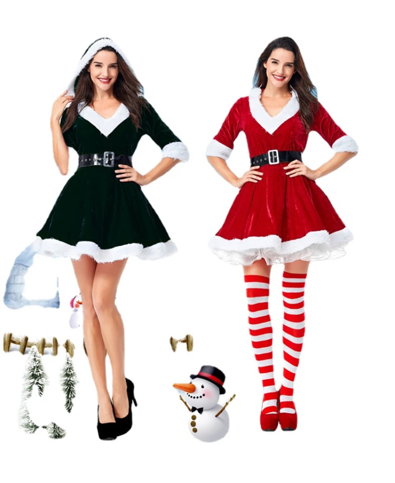 

Christmas Costume Santa Claus Outfits Women Sweetie V-neck Puffy Princess Hooded Dress with Belt Xmas Clothes Party Cosplay
