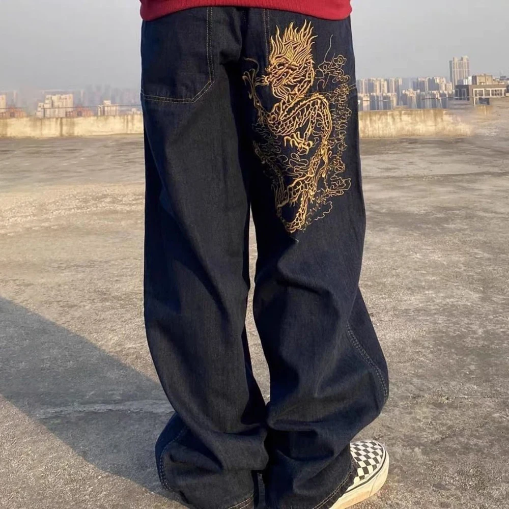 American Hip-hop Skateboard Retro Mopping Jeans Men's Street Hip-hop Dragon Totem Straight-leg Pants Bboy Loose Trousers