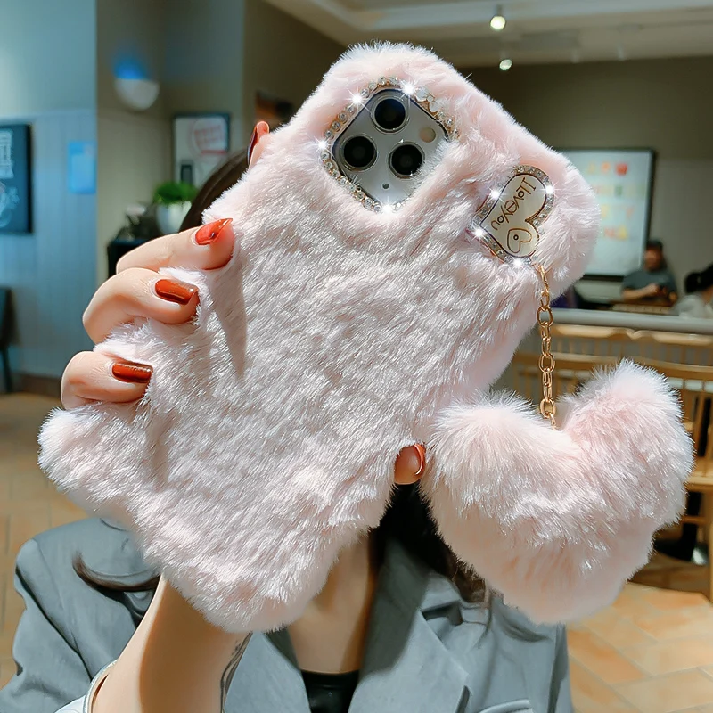 luxury love pendant phone case for iphone 12 pro max 13 11 x xs xr 8 7 6 6s plus se 2022 5s 5c cute warm winter plush fur covers free global shipping
