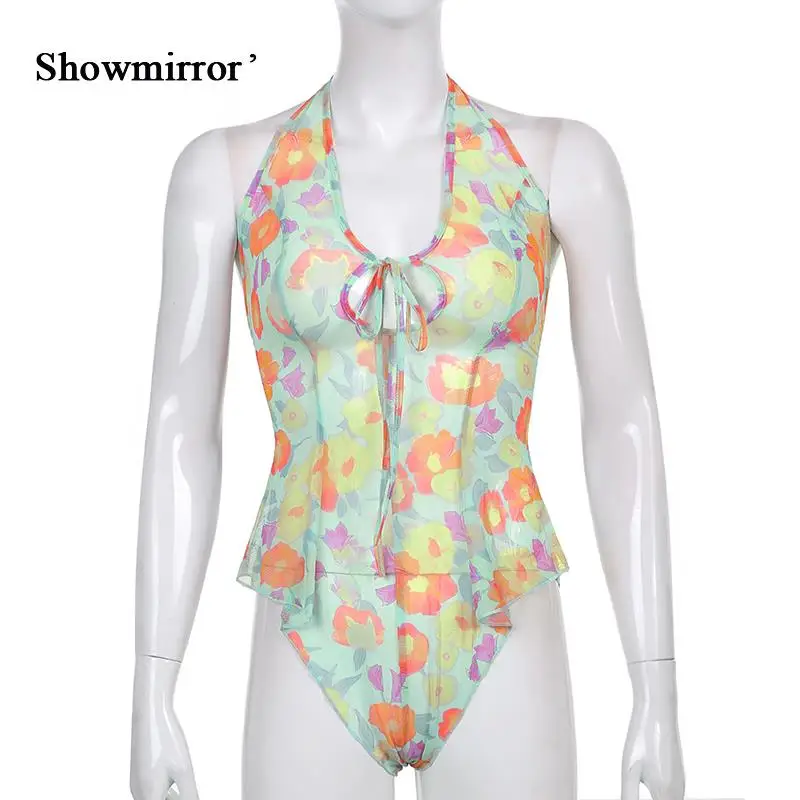 Showmirror милый сетчатый цветочный принт с открытой спиной женский облегающий