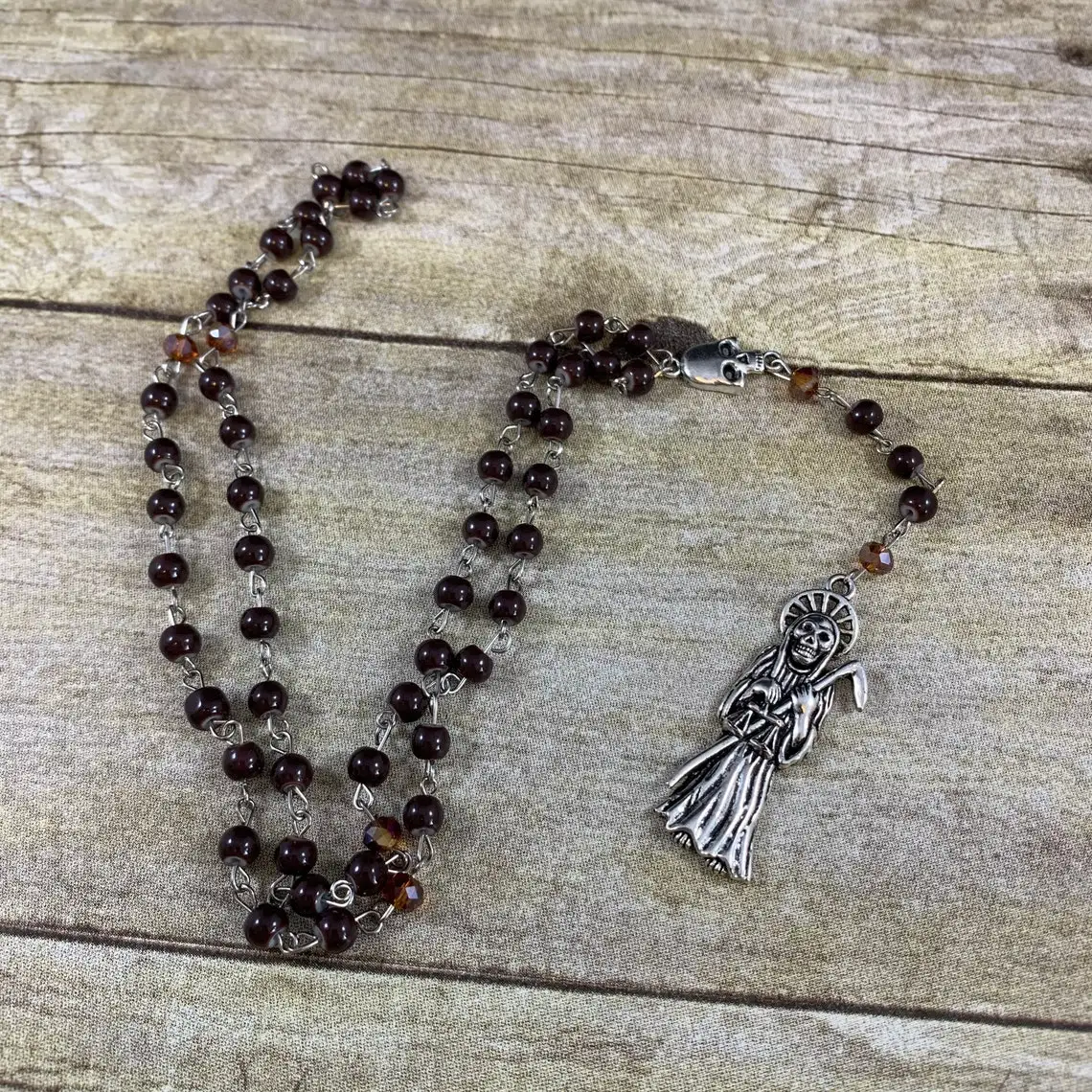 Dark brown Santa muerte rosary santisima nuestra senora de la Muerte holy death sacred sai |